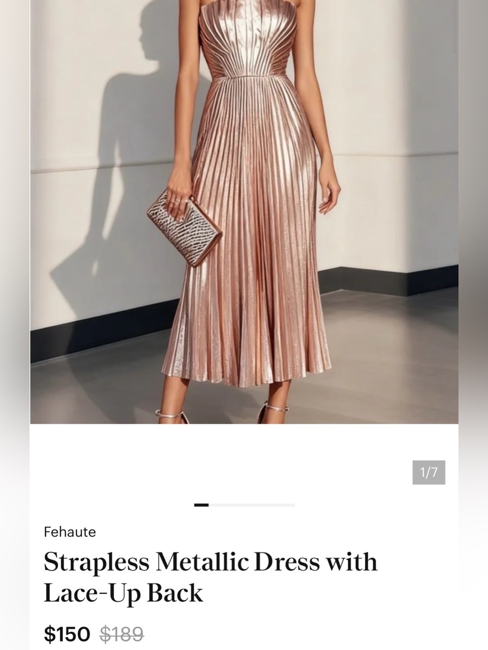 Strapless Rose Gold Pleated Midi Dress